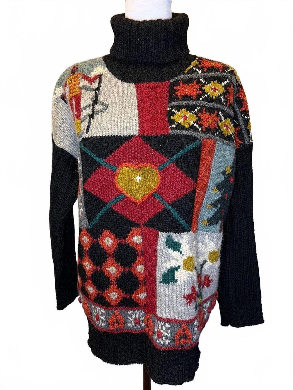 Vintage Wool Patchwork Sweater M Christmas Apres Ski Novelty Art Cottagecore